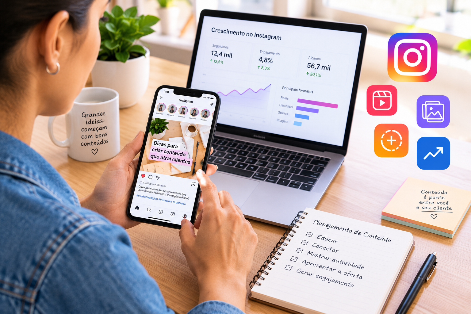 Profissional planejando conteúdos para Instagram e analisando resultados de marketing digital