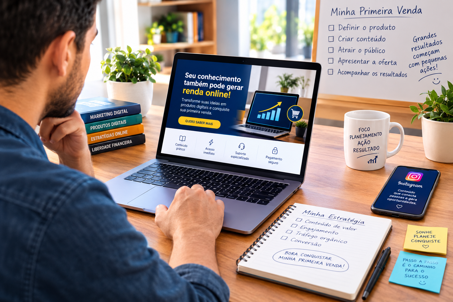 Empreendedor preparando sua oferta digital para conquistar a primeira venda na internet