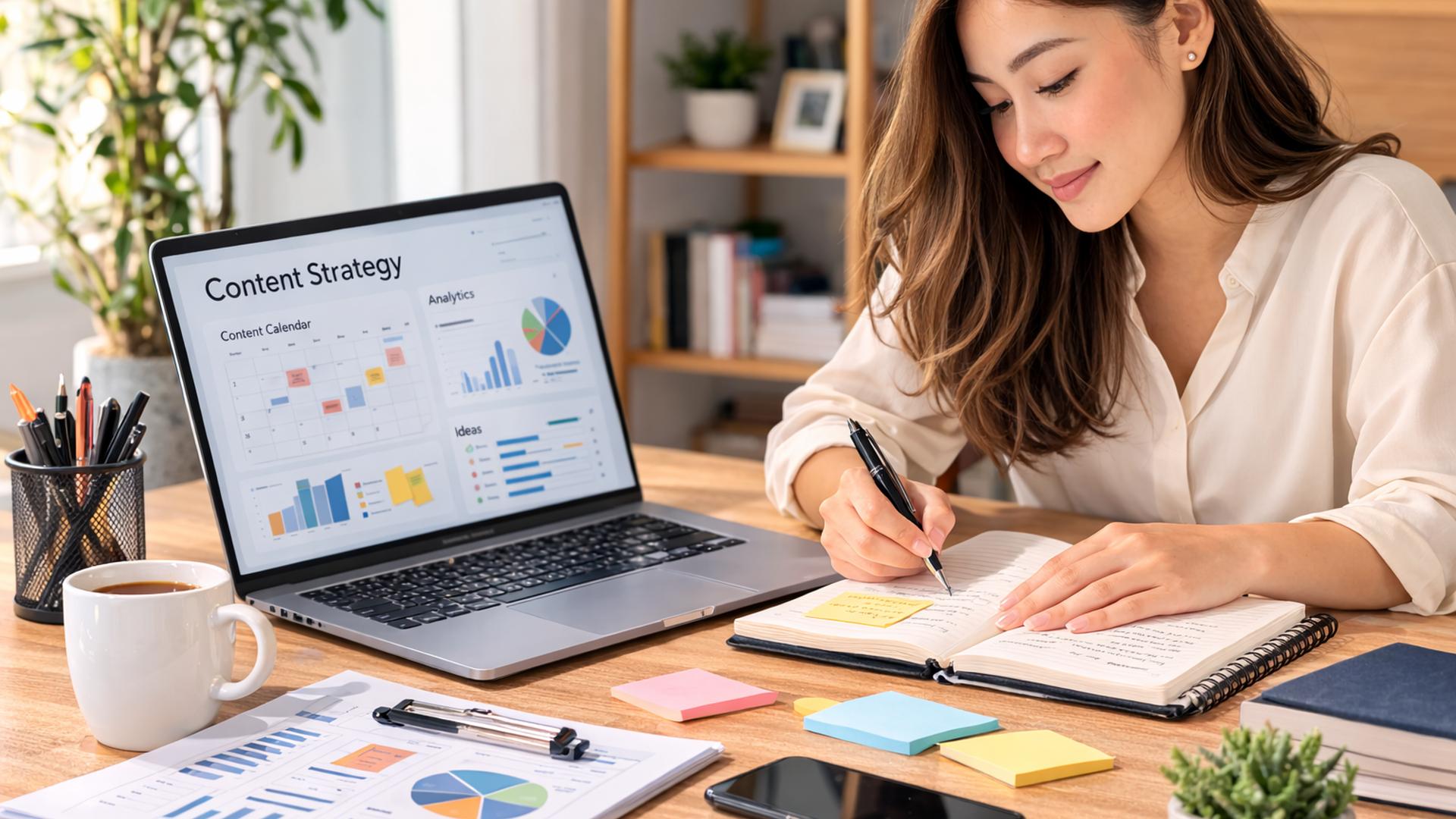 Profissional planejando conteúdos de marketing digital no computador